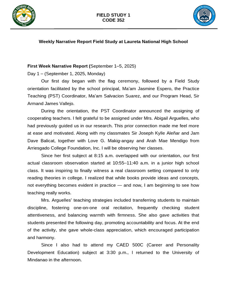Weekly Narrative Report 1 Binz | PDF | Learning | Reading Comprehension