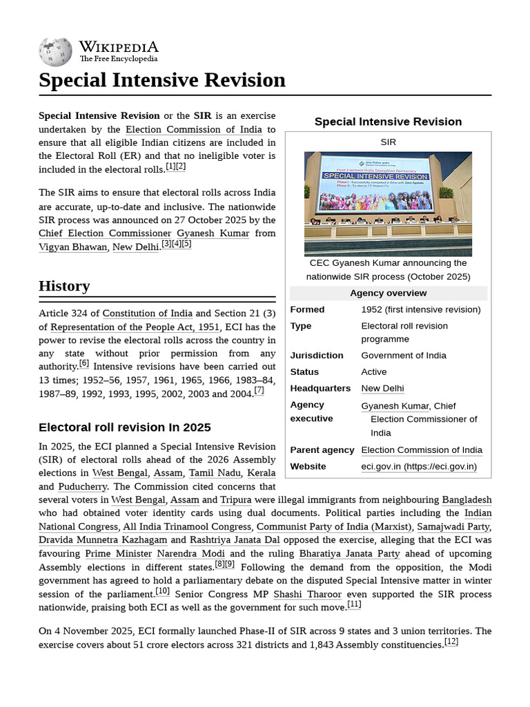 Special Intensive Revision of Electoral Rolls | PDF | Government ...