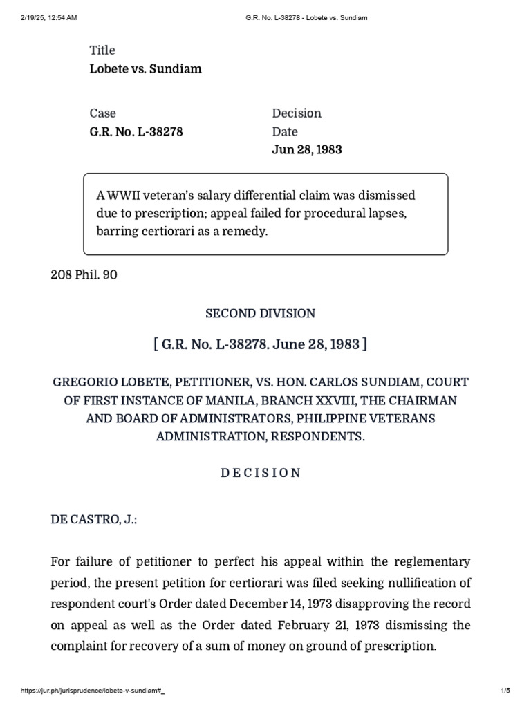 Lobeta v. Sundiam, 123 SCRA 95 | PDF | Appeal | Constitutional Law