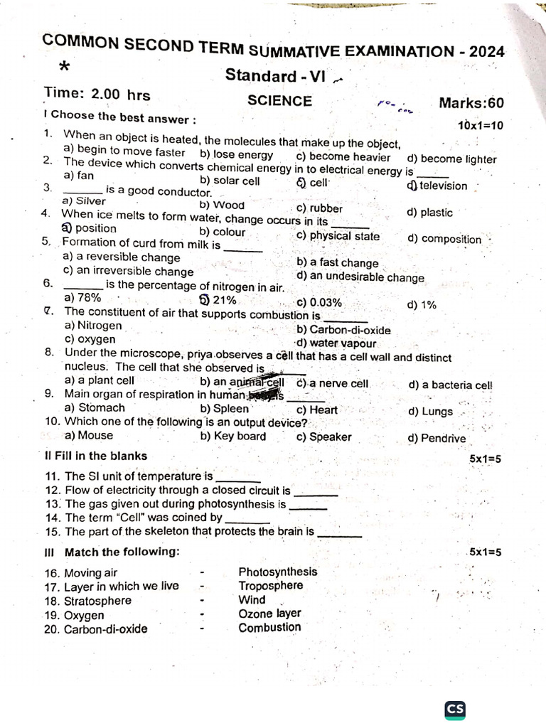 6th Science Term 2 Exam 2024 Original Question Paper Ranipet District ...