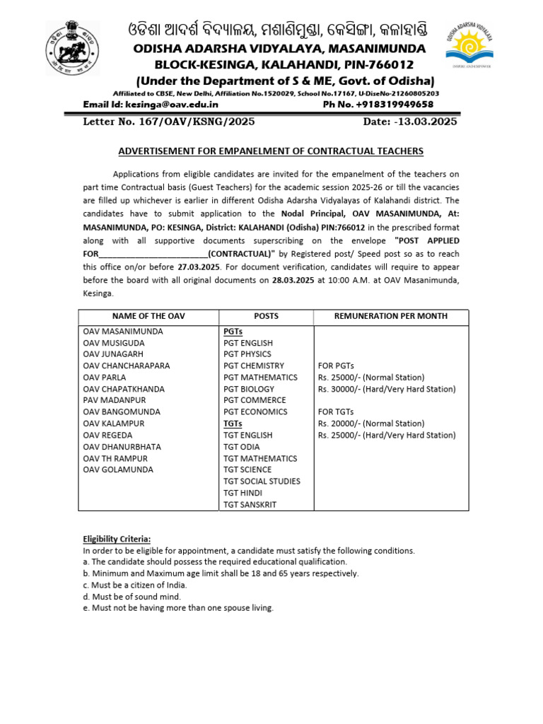 Odisha Adarsha Vidyalaya Teacher Recruitment | PDF