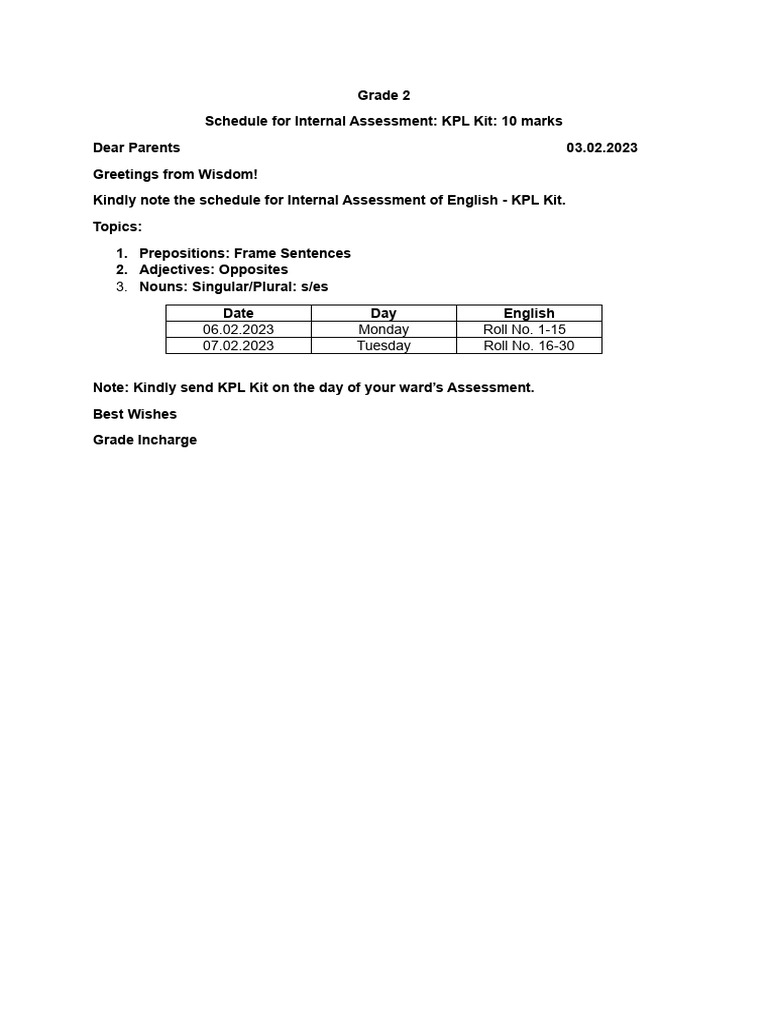 Grade 2 English Assessment Schedule | PDF