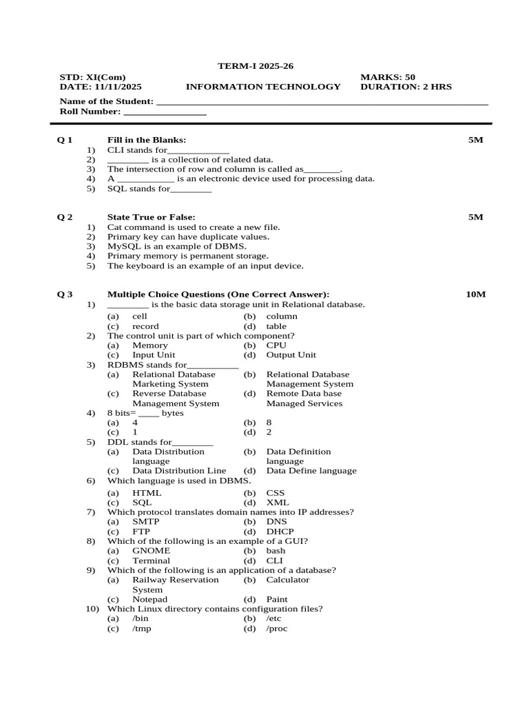 IT Exam Paper for Class XI 2025-26 | PDF | Databases | Relational Database