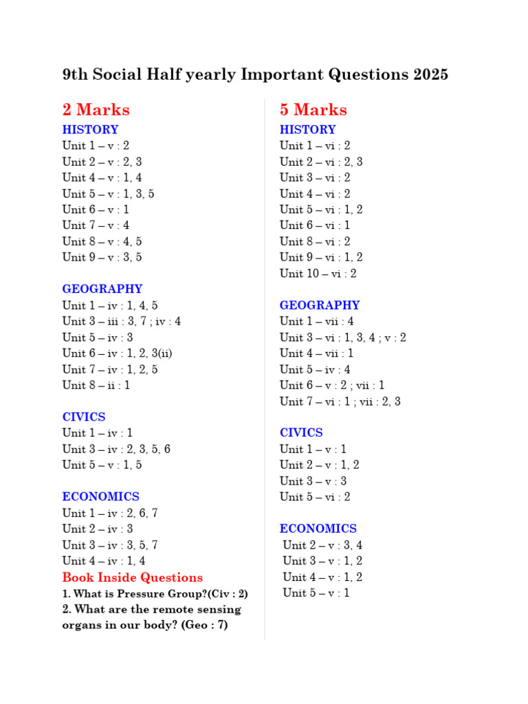2 Marks 5 Marks: 9th Social Half Yearly Important Questions 2025 | PDF