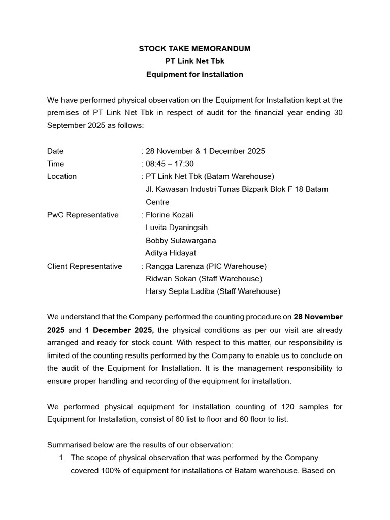Stock Take Memorandum Batam - PT Link Net Tbk 1 | PDF | Warehouse