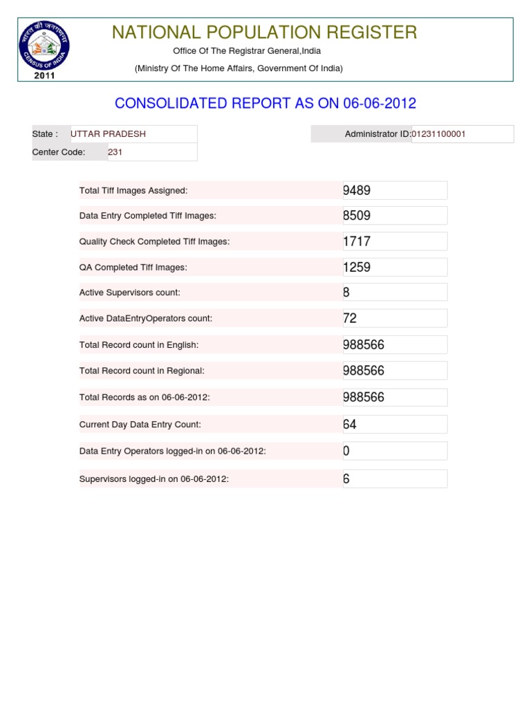 National Population Register: Consolidated Report As On 06-06-2012