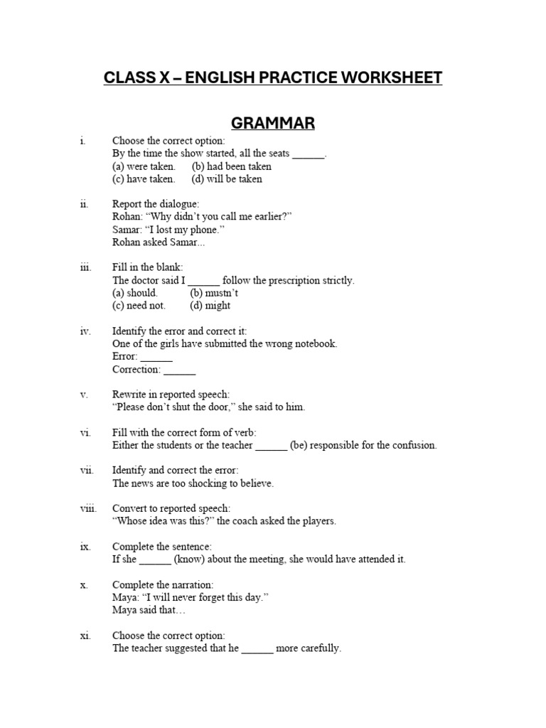 Class X English Grammar & Writing Practice | PDF