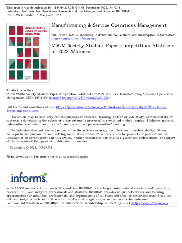 MSOM Society Student Paper Competition Abstracts of 2022 Winners | PDF