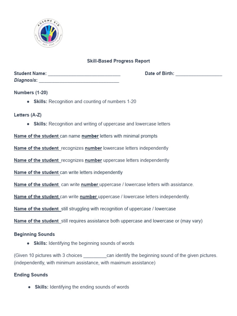 Skill-Based Progress Assessment Template | PDF | Letter Case | Neuroscience