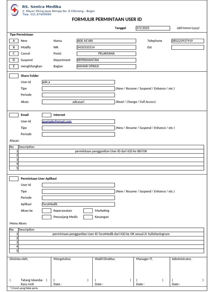 Permintaan User ID RS Sentra Medika | PDF