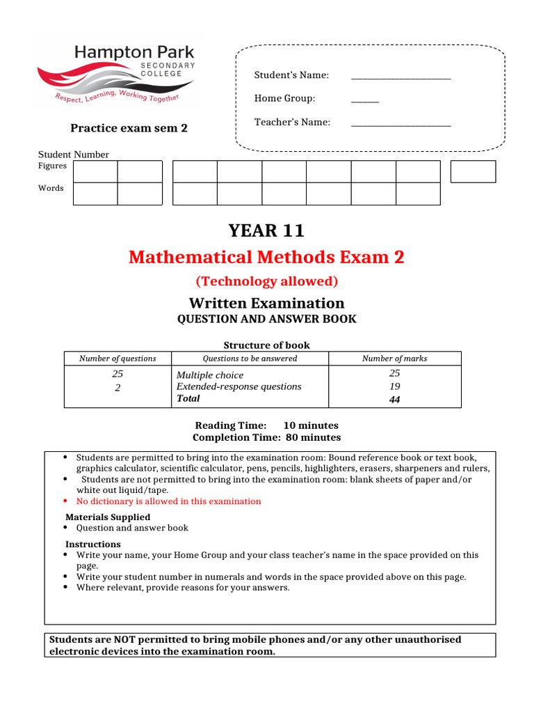Year 11 Mathematical Methods Exam 2 | PDF | Multiple Choice