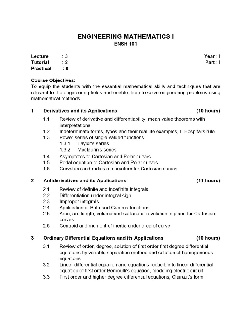 Engineering Mathematics I Course Overview | PDF | Equations | Integral