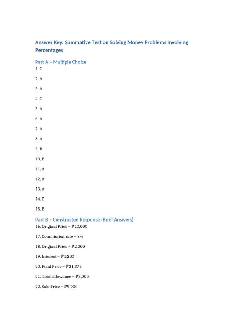 Answer Key: Money Problems Test | PDF