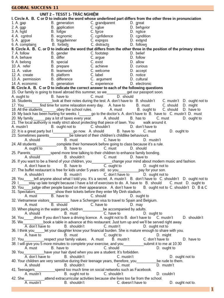 Global Success 11: Unit 2 Test 1 Guide | PDF | Adolescence ...