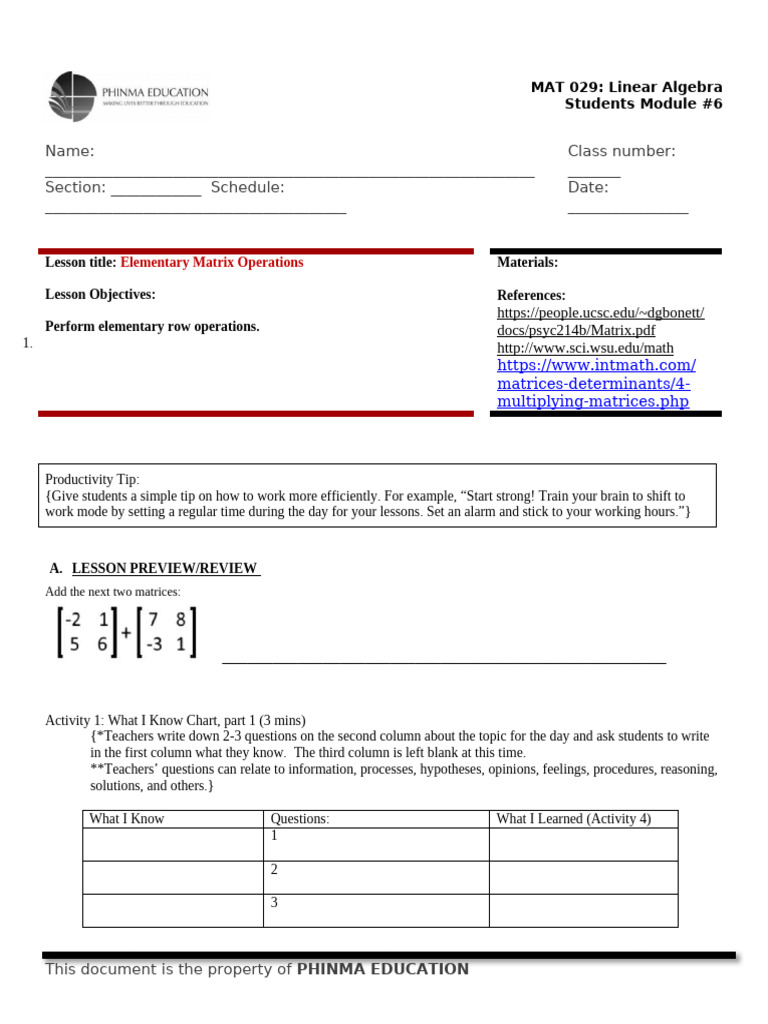 Elementary Matrix Operations Guide | PDF | Matrix (Mathematics ...