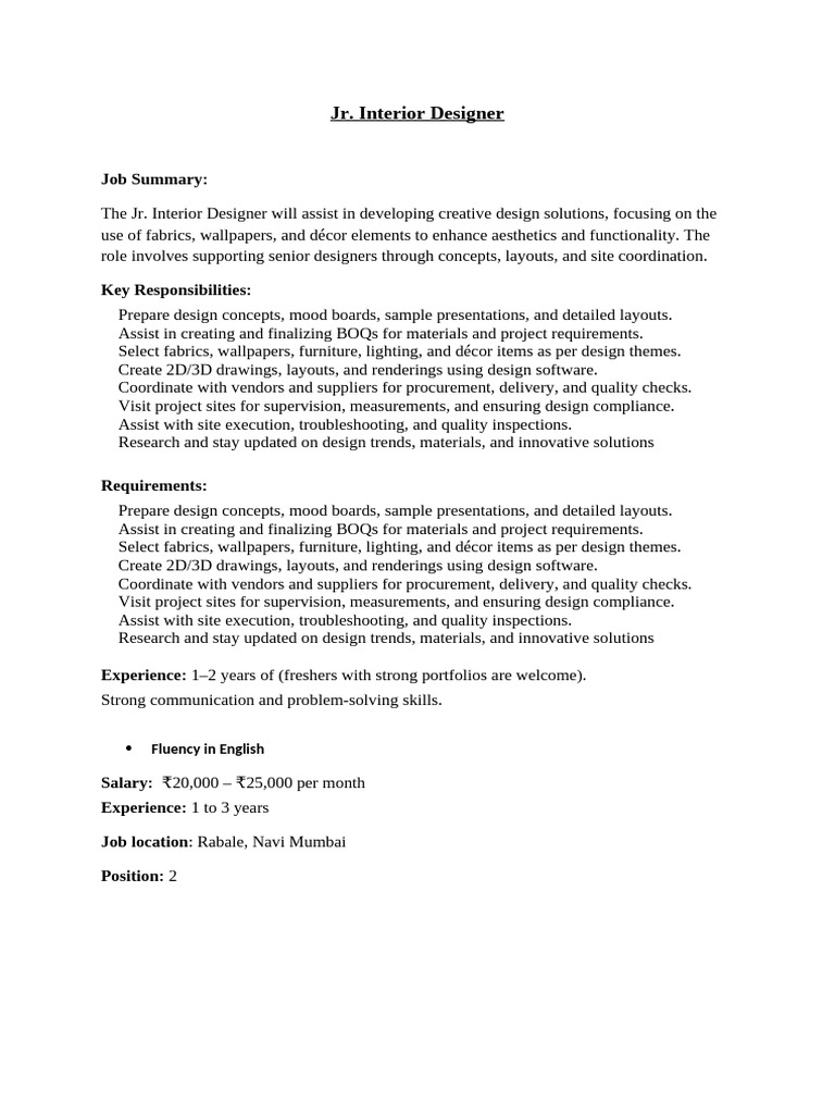 Jr. Interior Designer Job Opening in Navi Mumbai | PDF
