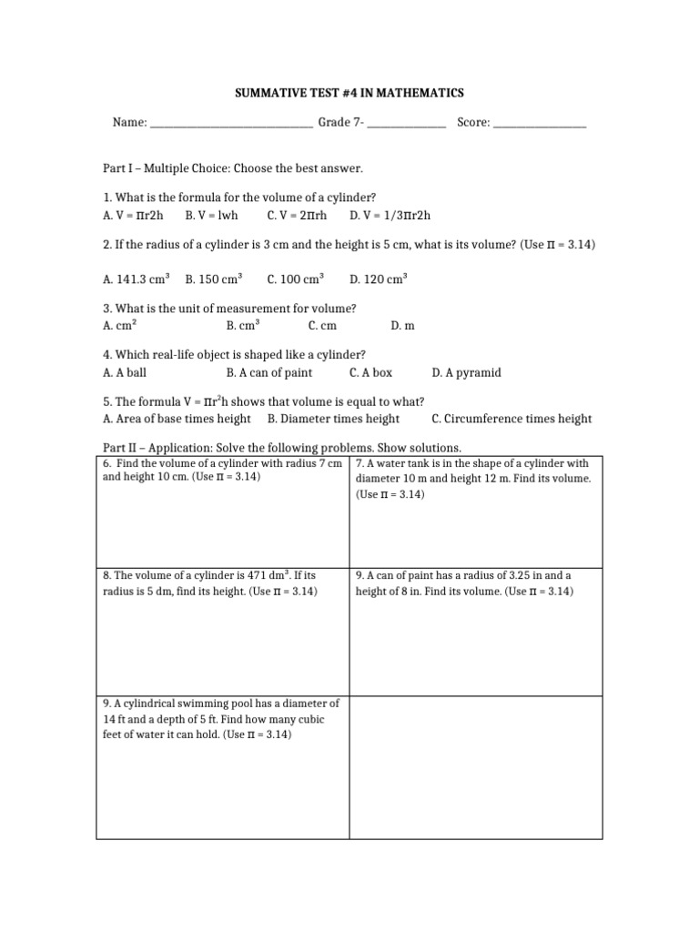 Summ - Test Mathematics 7 q2 w4 | PDF | Volume | Circle