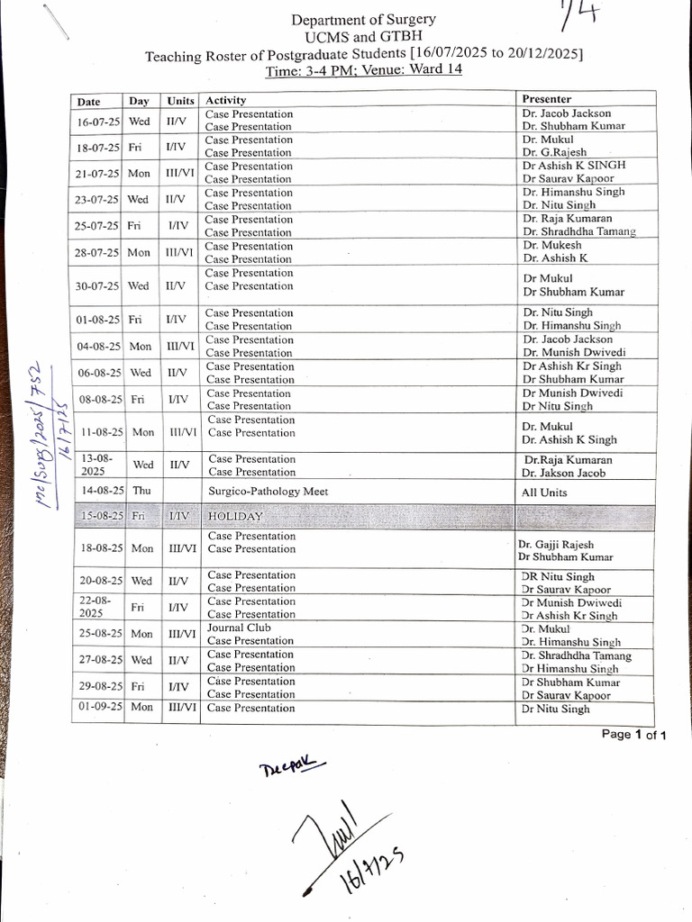 PG Teaching Roster | PDF | Medical Specialties | Surgery