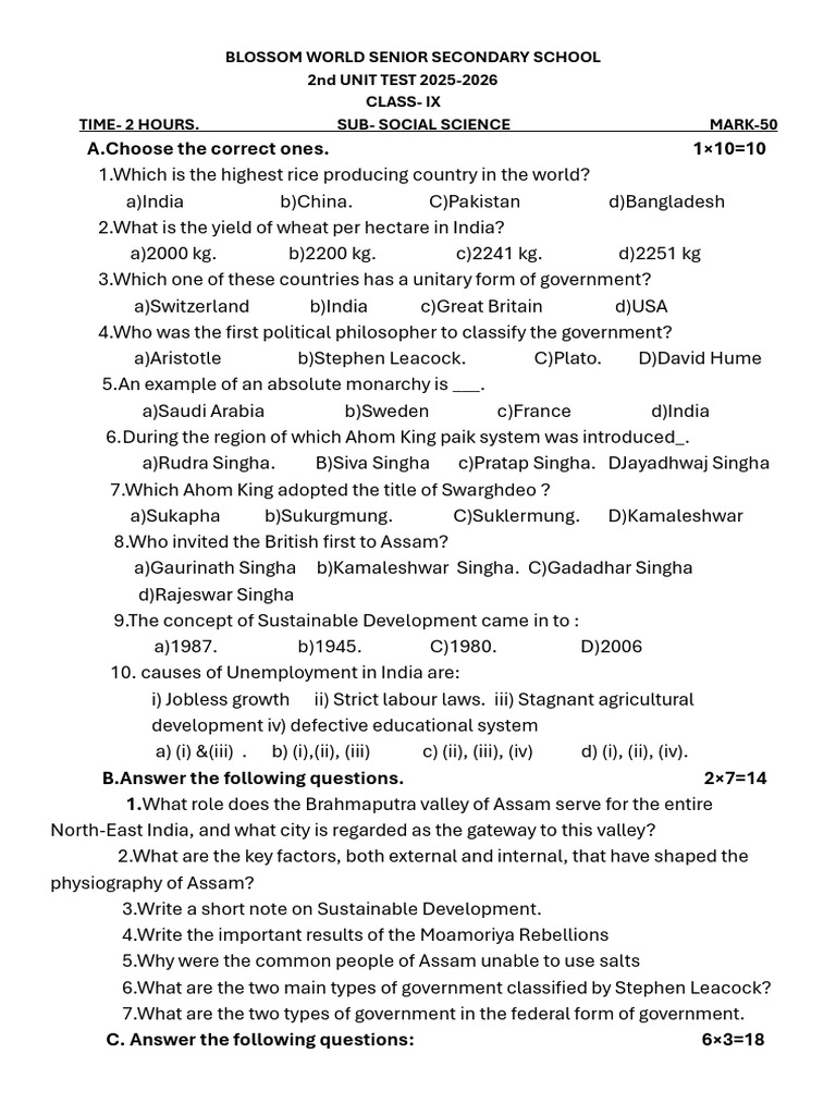 Class IX Social Science Unit Test 2025 | PDF