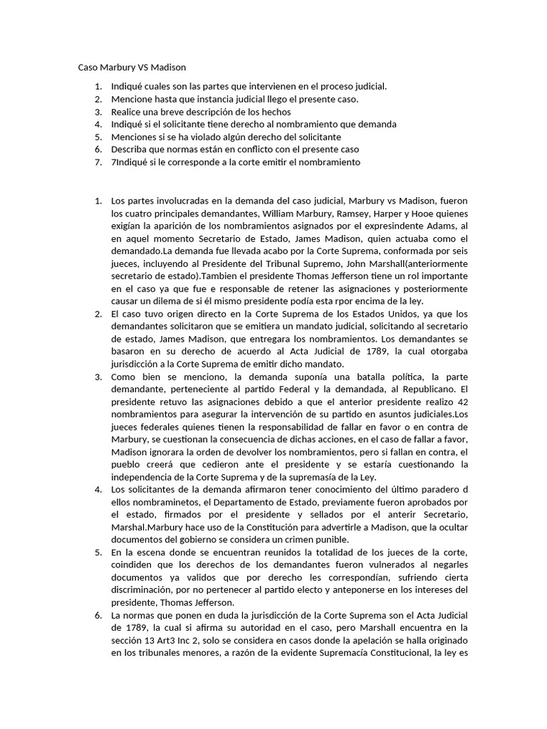 Análisis del Caso Marbury vs Madison | PDF | Marbury V. Madison | Ley ...