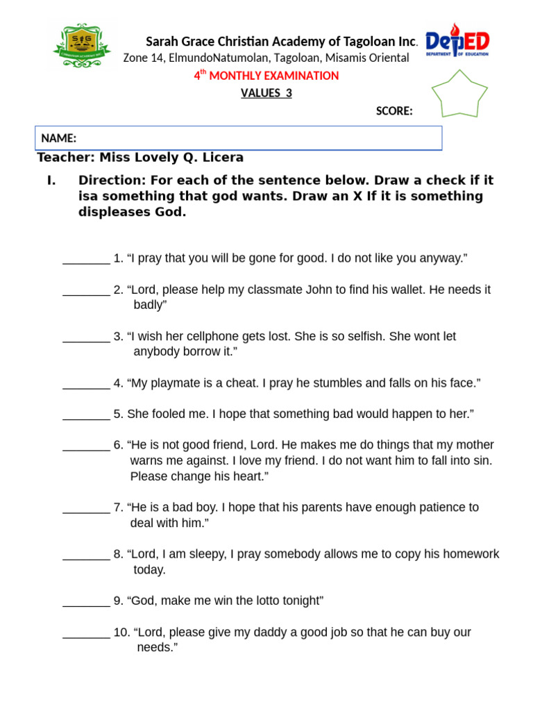 Monthly Values Exam for Students | PDF