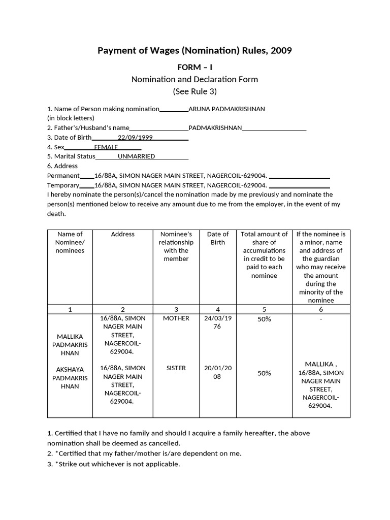 Form I_Payment of Wages Act | PDF