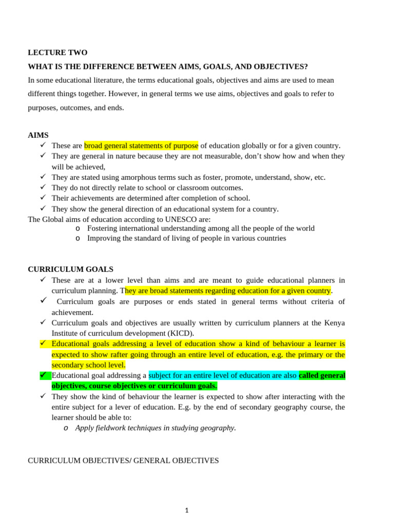 Aims, Goals, and Objectives in Education | PDF | Curriculum | Learning