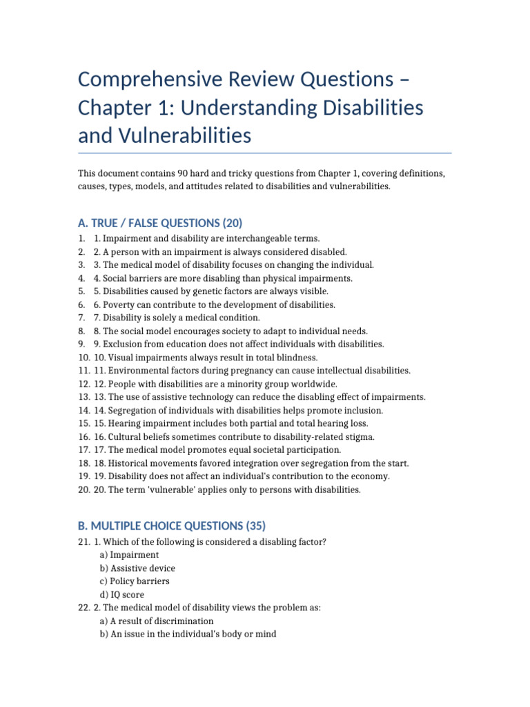 Disability and Vulnerability Review Questions | PDF | Disability ...