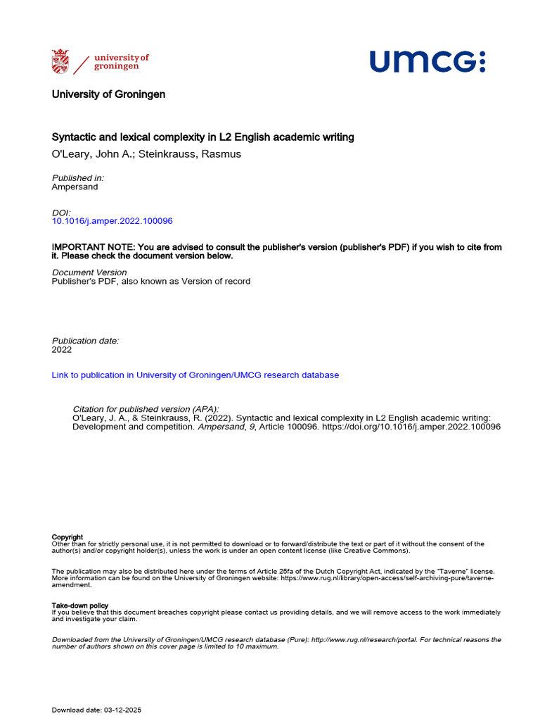L2 English Academic Writing Complexity | PDF | Clause | Adverb