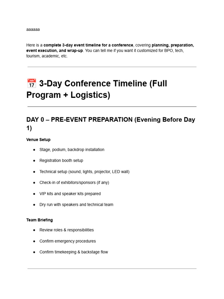3-Day Conference Event Timeline Guide | PDF