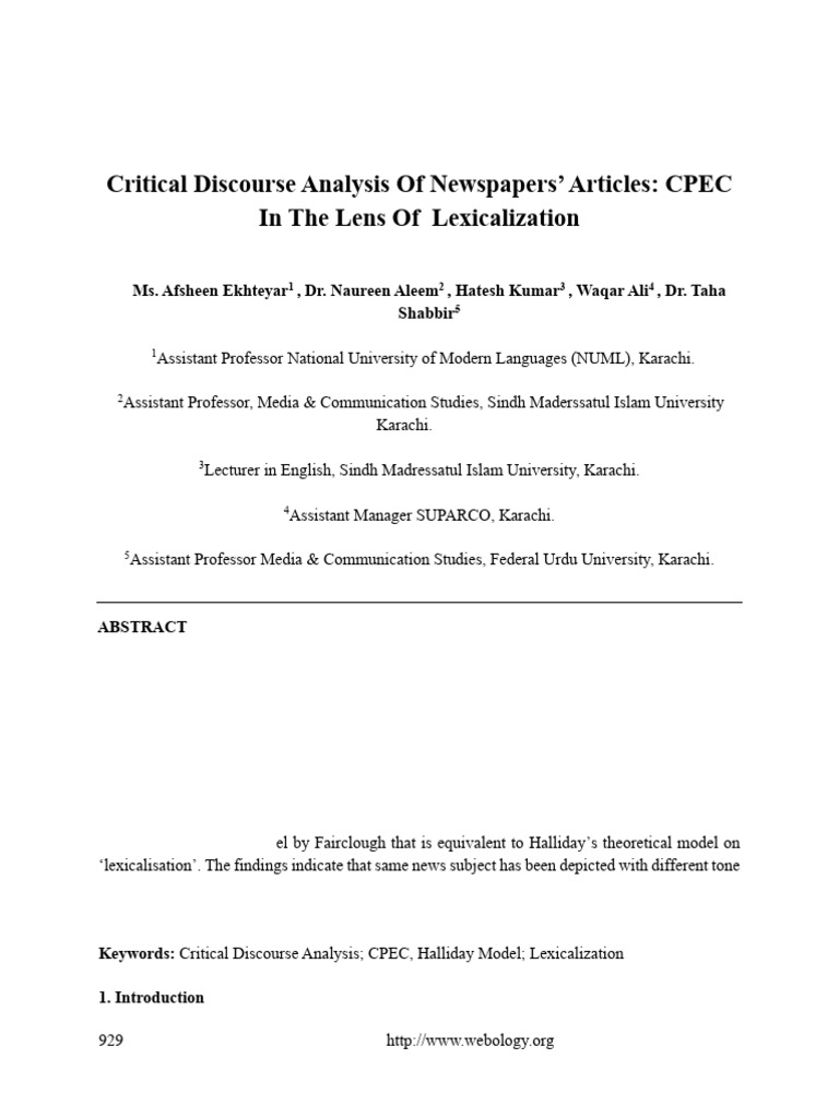 1. Critical Discourse Analysis of Newspapers Articles - CPEC in the ...