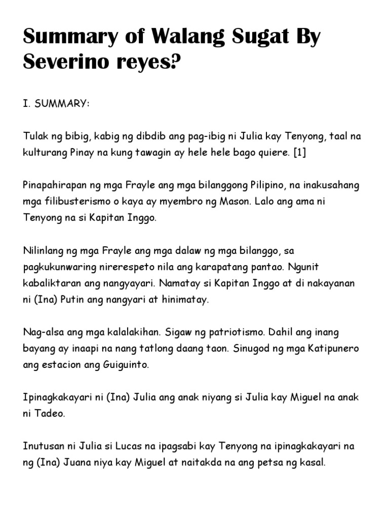 Summary of Walang Sugat by Severino Reyes