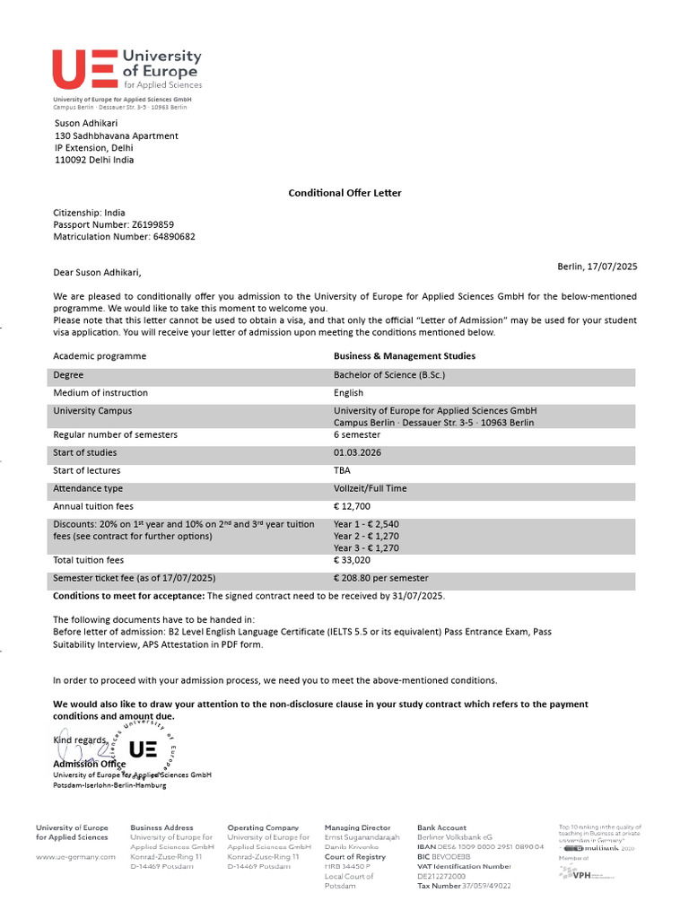 Conditional Admission Offer - Business B.Sc. | PDF | University | Fee
