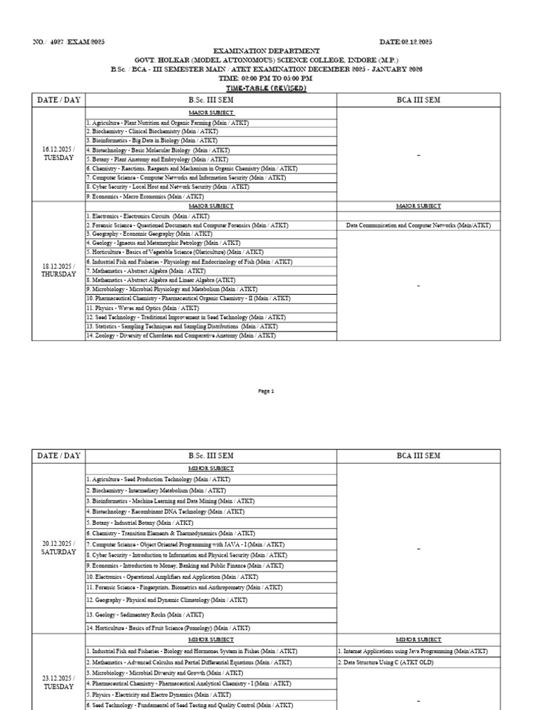 B.Sc. BCA III Semester Exam Timetable 2025 | PDF | Botany | Science