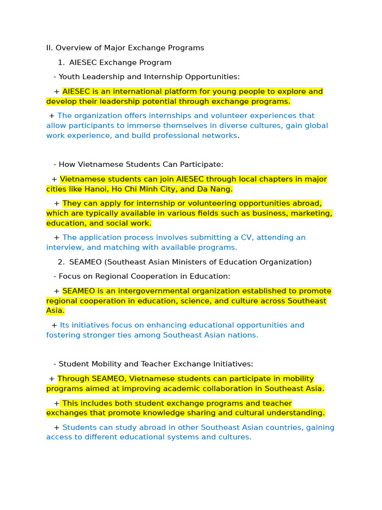 II. Overview of Major Exchange Programs Bùi Hoàng | PDF | Vietnam ...