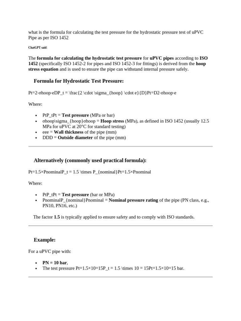Hydrostatic Test Pressure for uPVC Pipes | PDF | Pascal (Unit) | Pipe ...