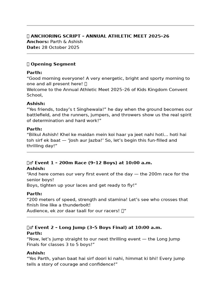 Annual Athletic Meet 2025-26 Script | PDF | Games Of Physical Skill ...