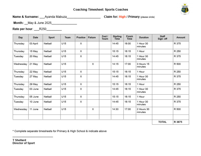 Sports Coaches Timesheet Template | PDF
