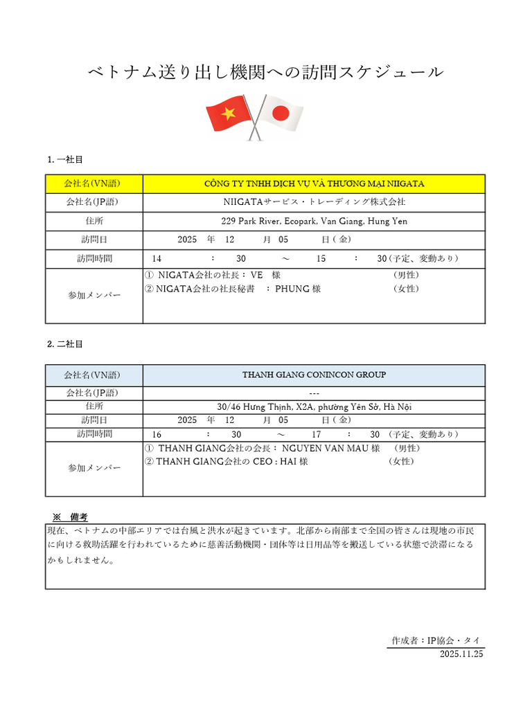 2025年12月 ベトナム送り出し機関への訪問スケジュール | PDF