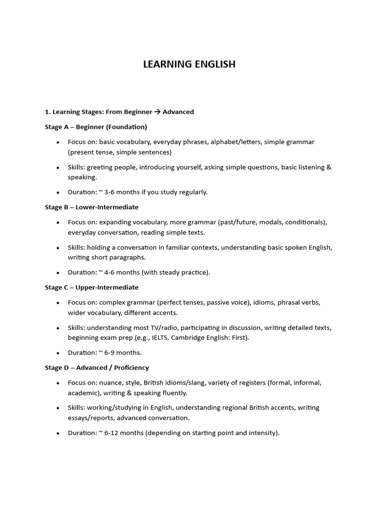 English Learning Stages and Resources | PDF | English Language ...