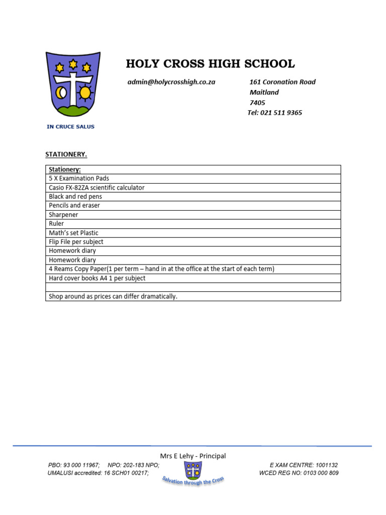 Holy Cross High School Stationery List | PDF