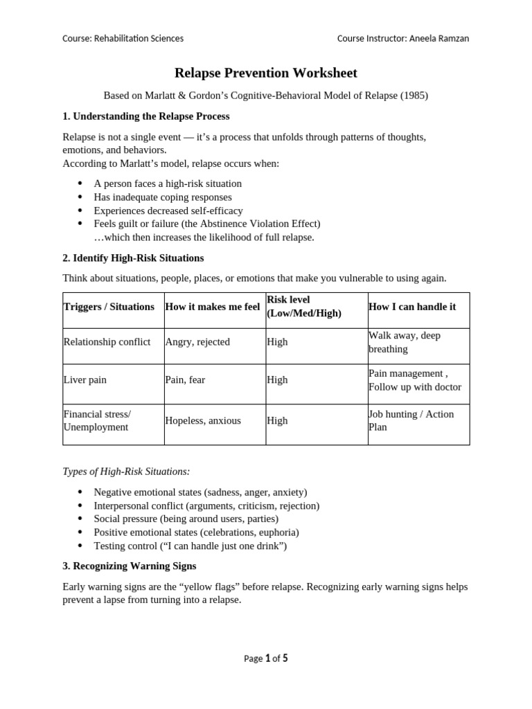 Relapse Prevention Strategies Worksheet | PDF | Relapse | Loneliness