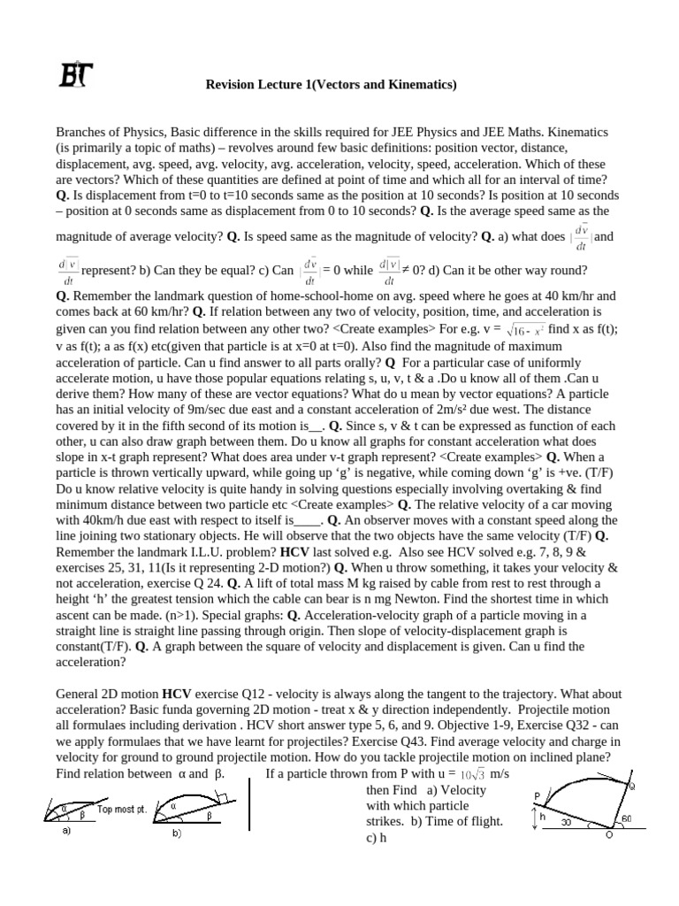 Revision Lecture 1Vectors and Kinematics | PDF | Acceleration | Velocity