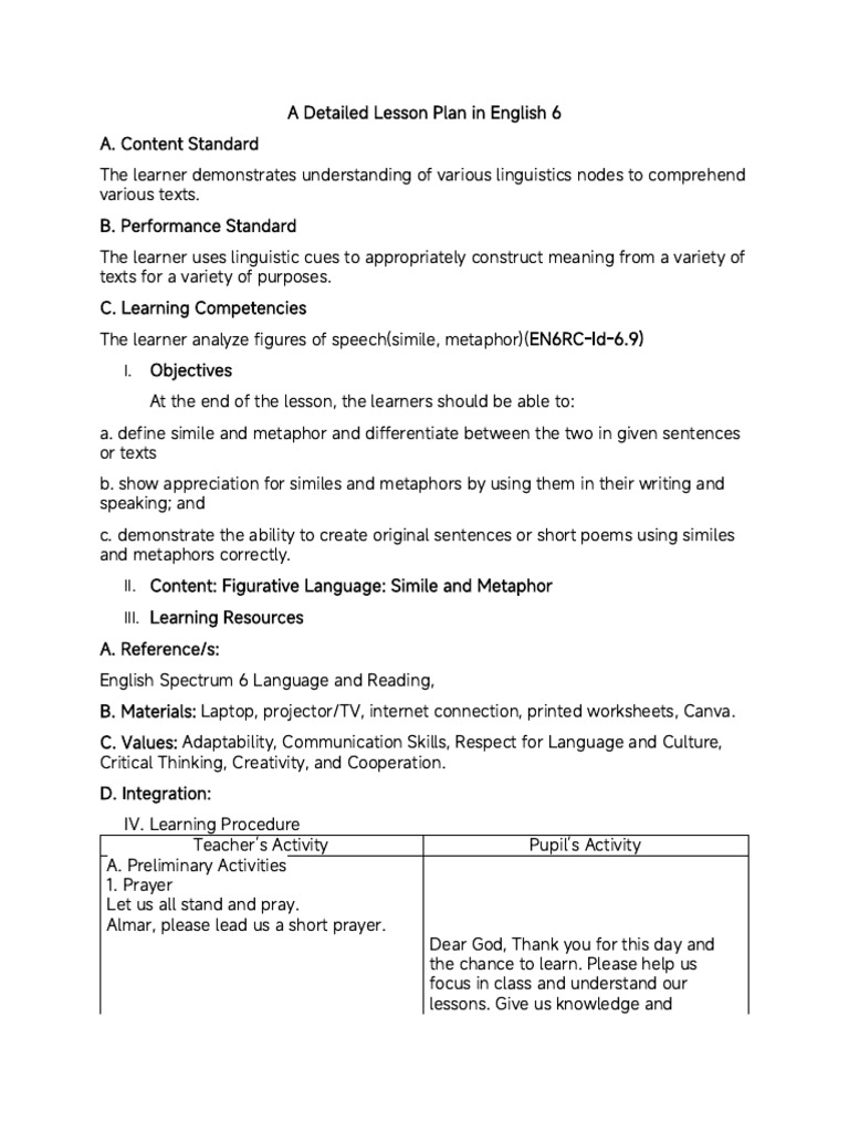 Lesson Plan: Similes and Metaphors | PDF | Metaphor | Learning