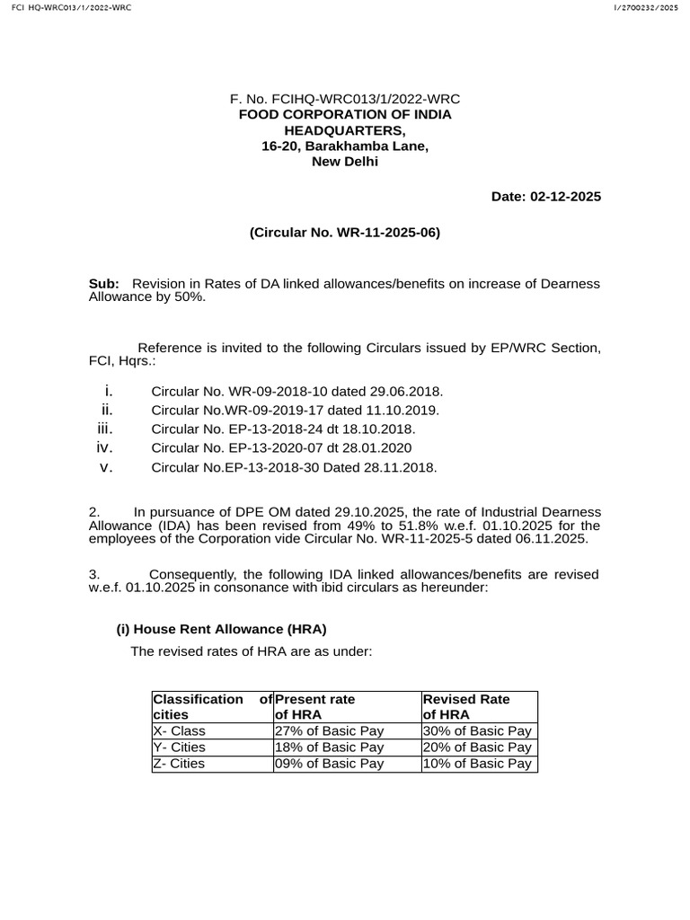 FCI DA Allowance Revision Circular 2025 | PDF