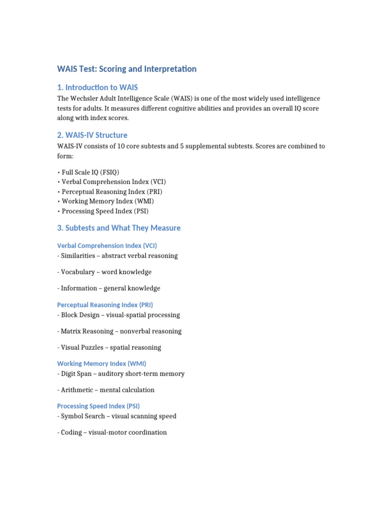 WAIS Test Scoring and Interpretation | PDF