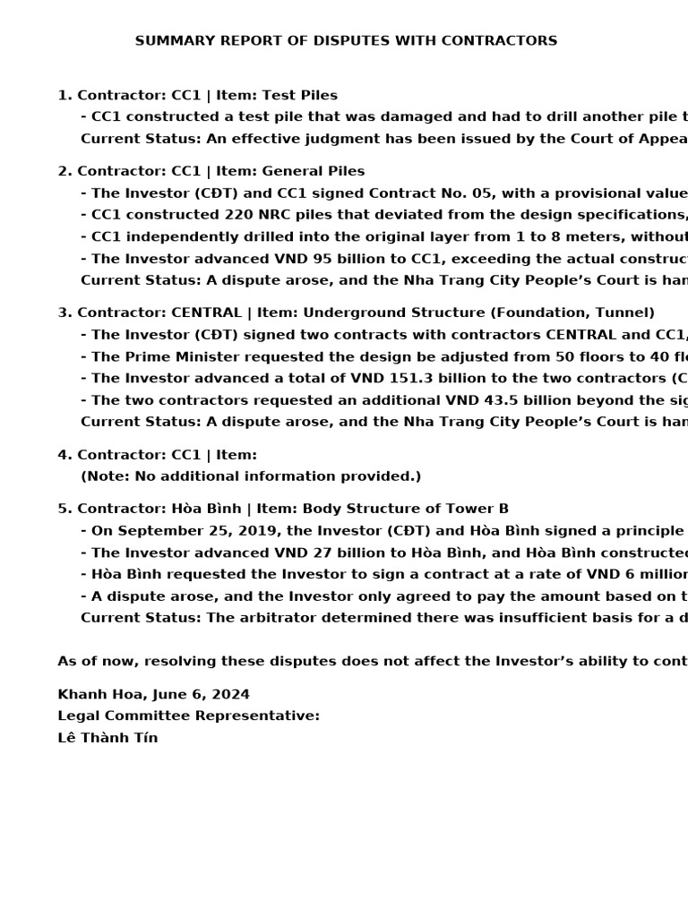 Contractor Dispute Summary Report | PDF