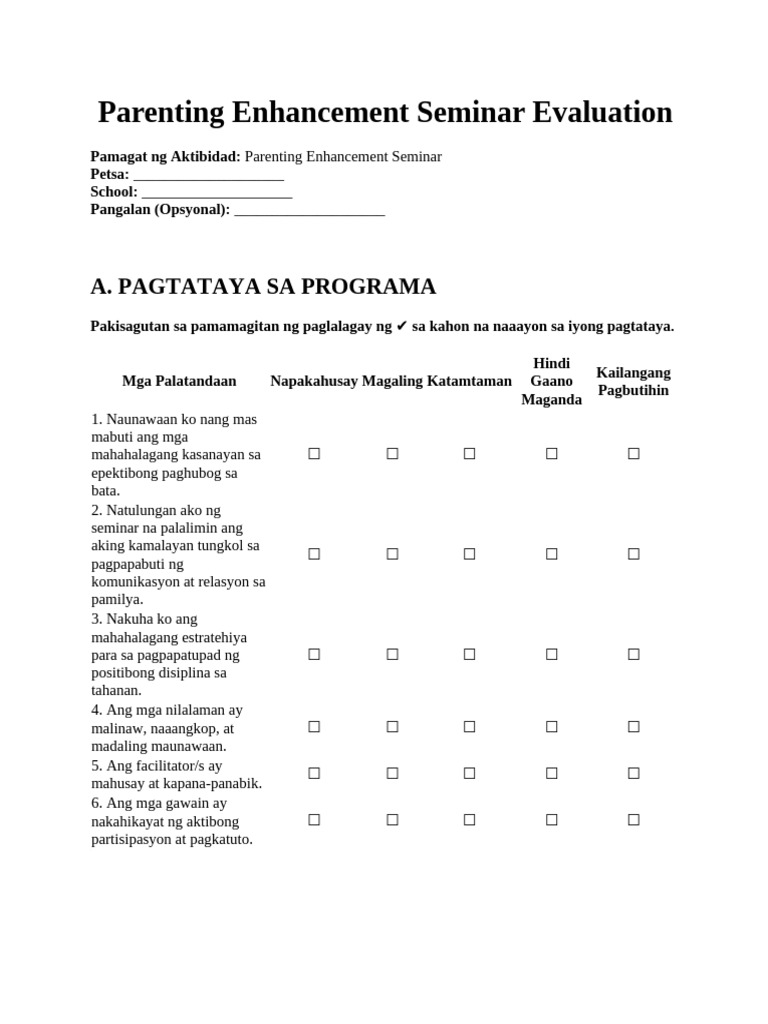 Parenting Enhancement Seminar Evaluation Tagalog | PDF