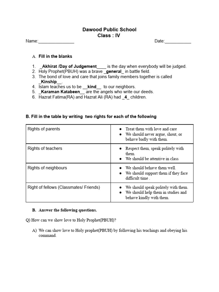 Class IV Islamic Studies Worksheet | PDF | Abrahamic Religions ...