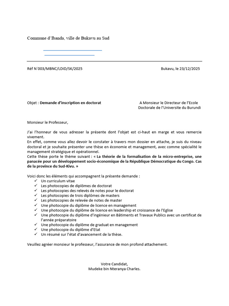 Demande de doctorat en management RDC | PDF | Doctorat | Économie
